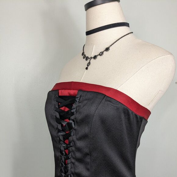 Vintage Prom Dress Maxi Gown S Red Black Corset Goth 90 Y2K Strapless Vamp Glam - Picture 8 of 13